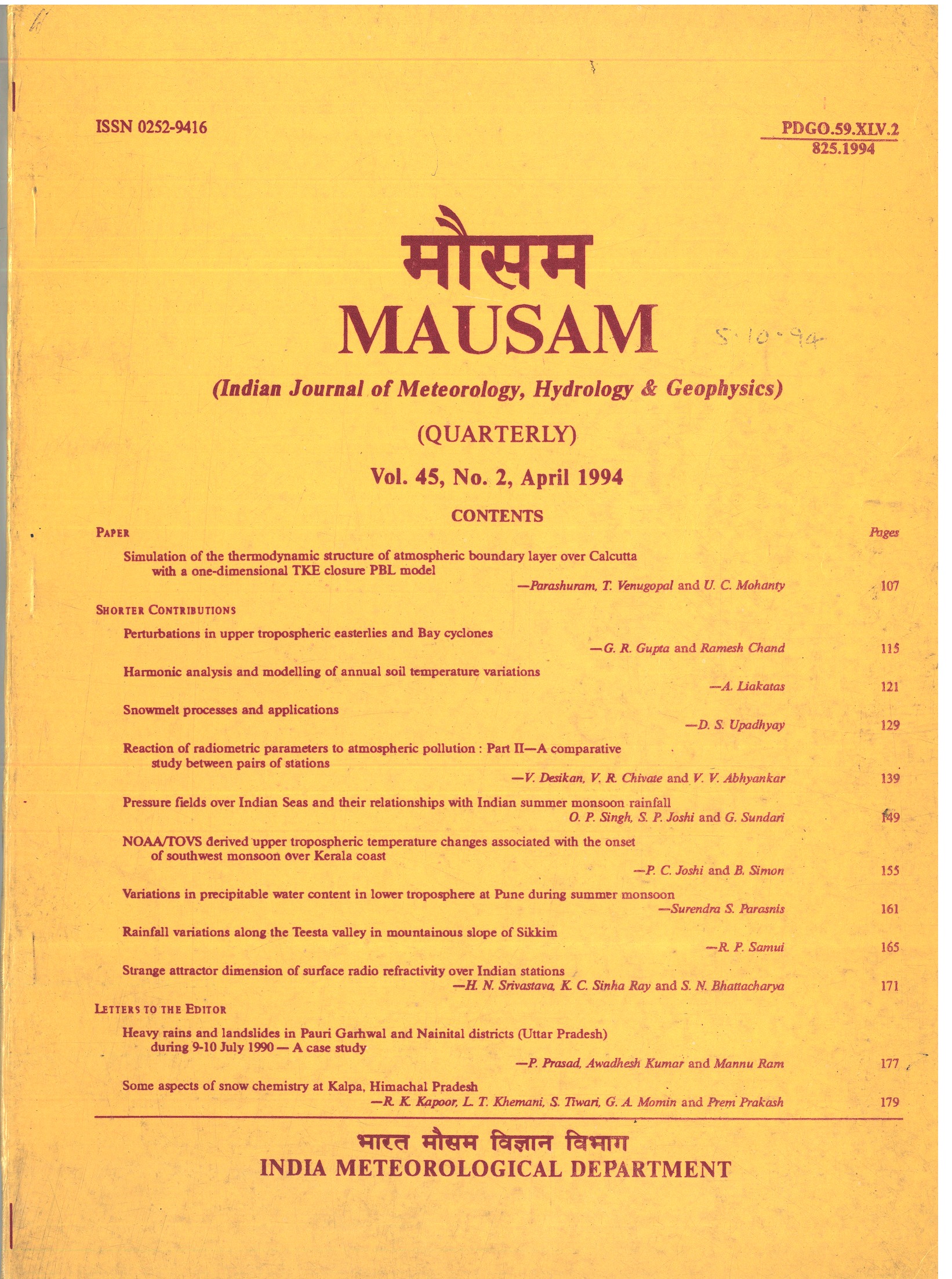 					View Vol. 45 No. 2 (1994): MAUSAM
				