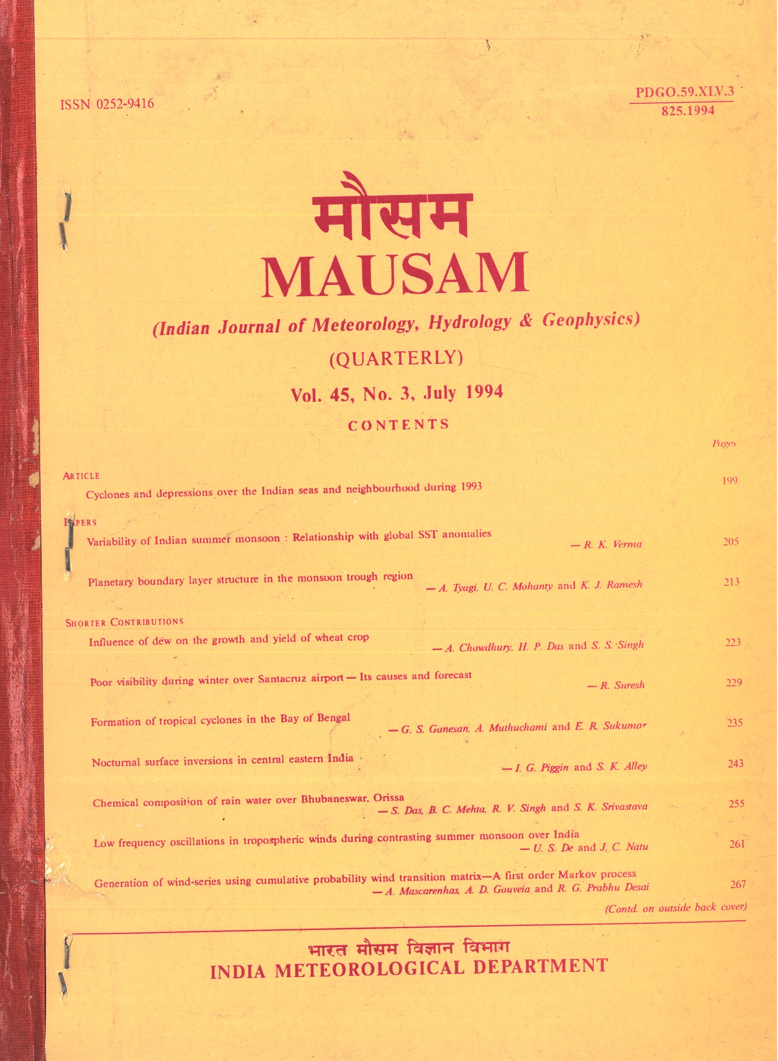 					View Vol. 45 No. 3 (1994): MAUSAM
				