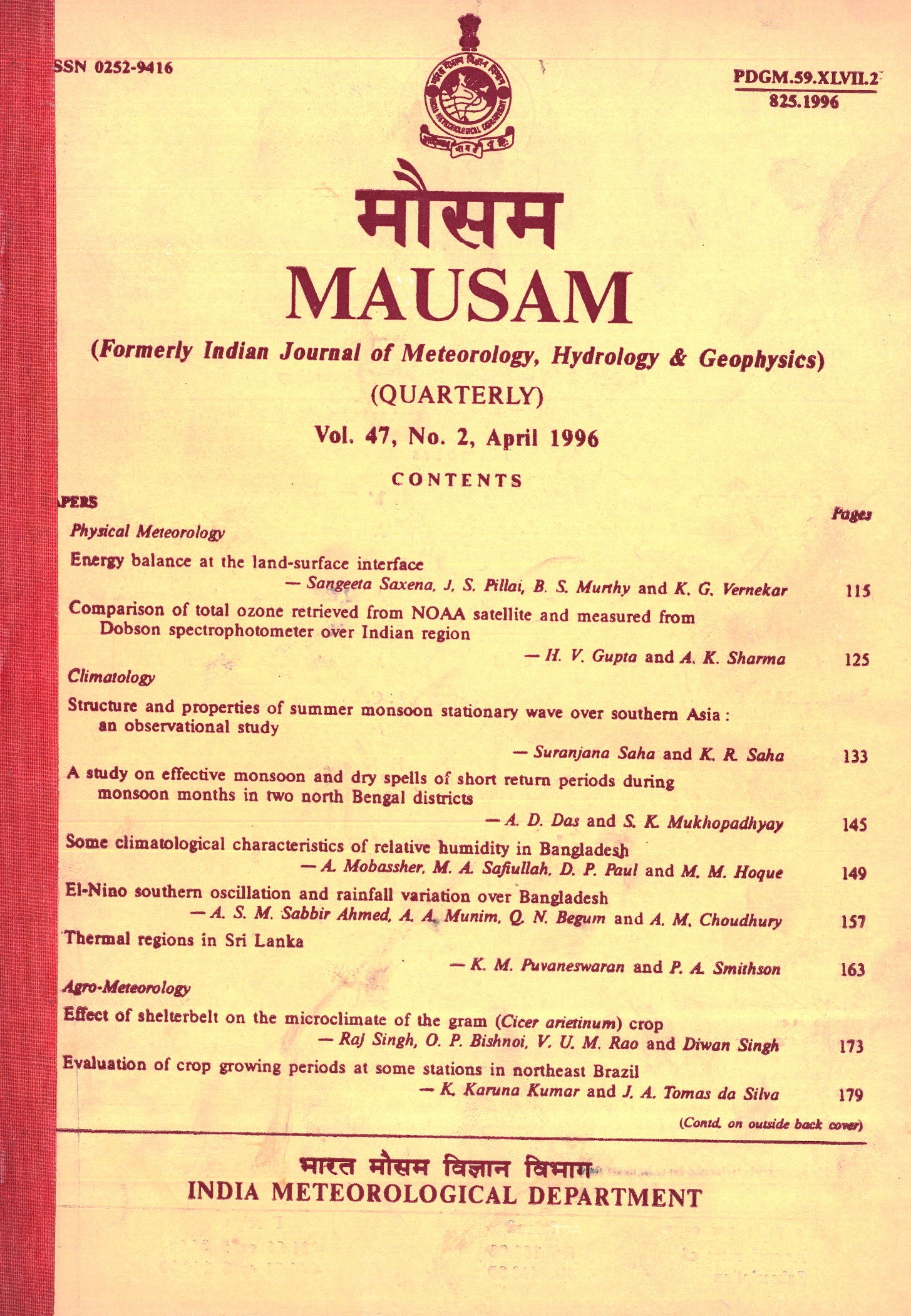 					View Vol. 47 No. 2 (1996): MAUSAM
				